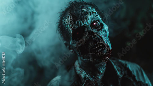 Spooky Halloween zombie in a scary horror movie.