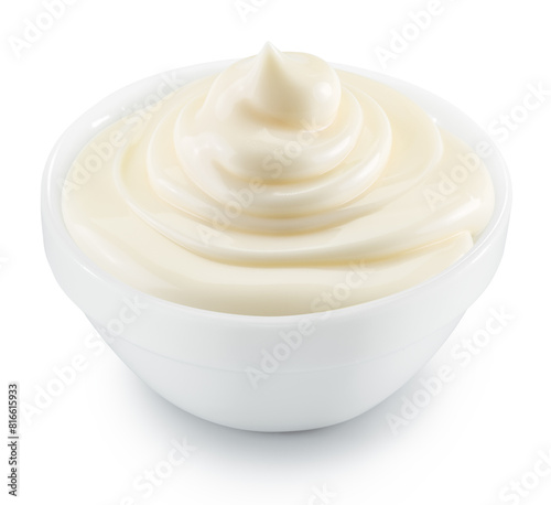Homemade mayonnaise in a white bowl on white background. File contains clipping path.