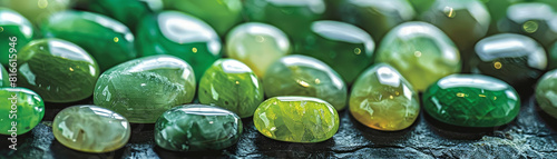 Various gemstones including jade, emerald, peridot showcased, each glistening with natural beauty, elegant display
