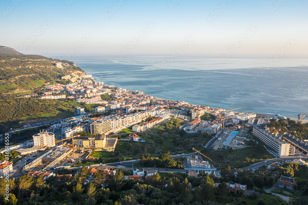 Obraz premium Drone aerial view on Sesimbra, fishing town in Setubal district in Portugal.