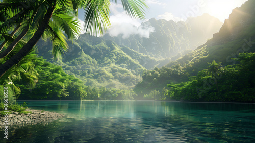 mountain range with a tranquil lake, on a transparent background