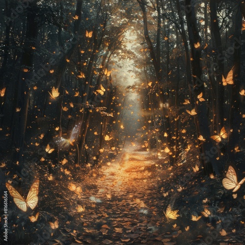 A forest where the leaves turn into butterflies at night. photo