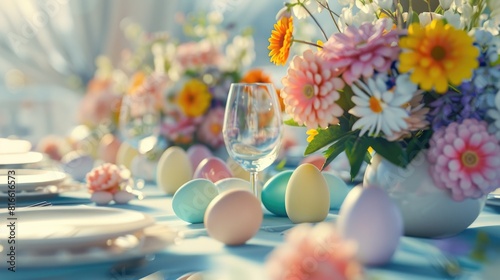Elegant Easter Brunch Table Setting with Spring Flowers photo