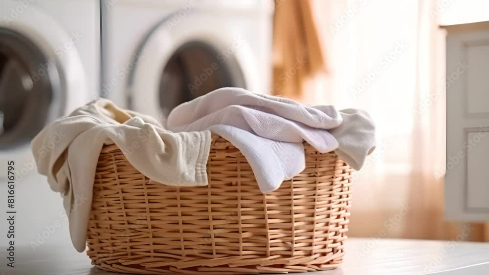 Laundry basket on a rack beside of a washing machine in laundry room