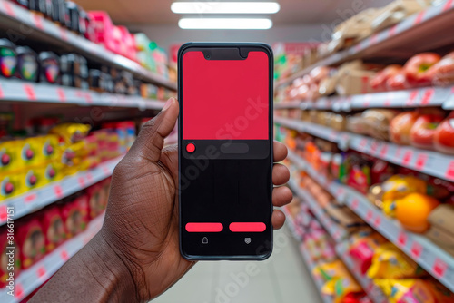 mockup of a mobile phone screen in hand against the background of retail food shelves in a supermarket. Concept: online shopping through an application, remote sale