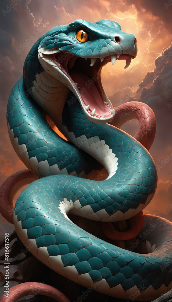 Fototapeta premium Fantasy Illustration of a wild snake. Digital art style wallpaper background.