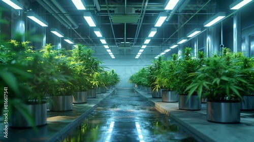 A laboratory with cannabis plants growing under controlled lighting systems