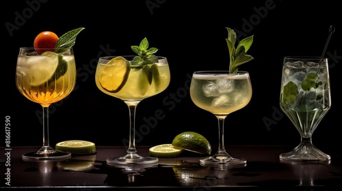 Four different types of drinks are shown in four different glasses