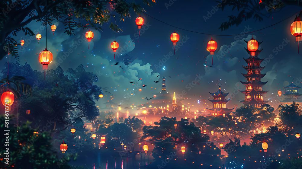 Animated digital art of Eid traditions and symbols, vibrant depiction of cultural celebration Animated digital art of Eid traditions and symbols, vibrant depiction of cultural celebration