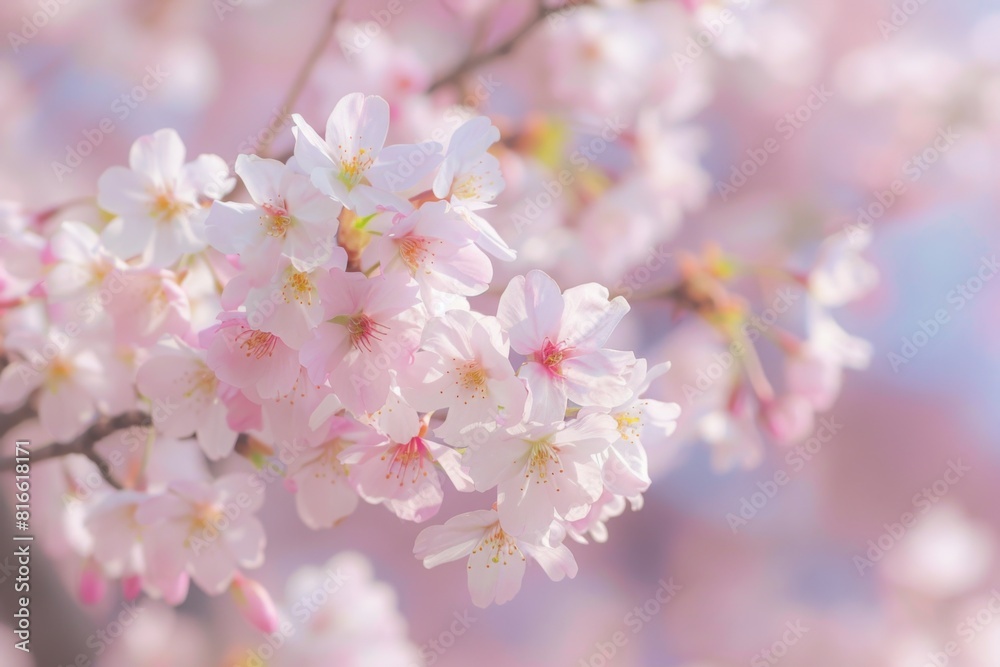 A gentle breeze ruffling the delicate petals of a cherry blossom tree in bloom A gentle breeze ruffling the delicate petals of a cherry blossom tree in bloom
