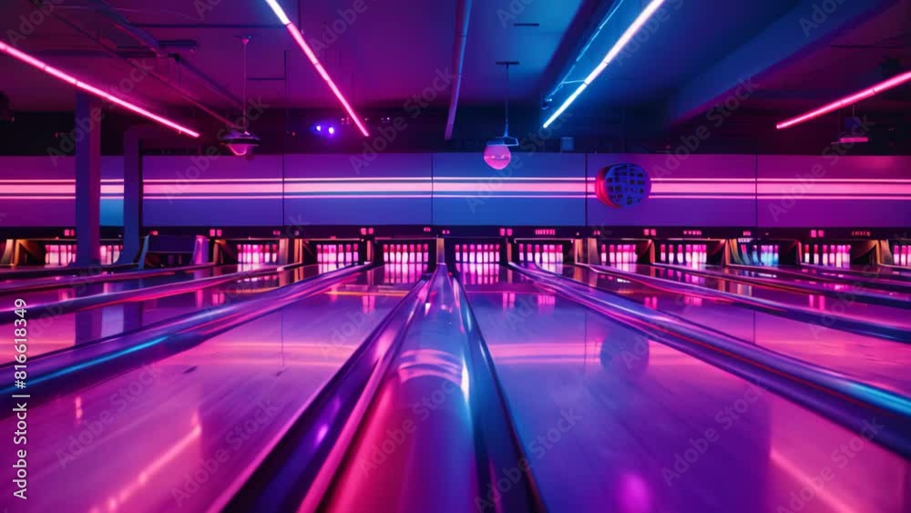 A bowling alley illuminated by purple and blue neon lights, A bowling lane with glowing neon lights A bowling alley illuminated by purple and blue neon lights, A bowling lane with glowing neon lights