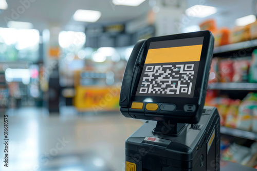 A robotic device for automating processes in a supermarket, placed next to vegetables and fruits