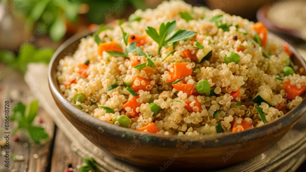 A bowl filled with rice and vegetables placed on a wooden table, A bowl of quinoa mixed with vegetables and herbs A bowl filled with rice and vegetables placed on a wooden table, A bowl of quinoa mixed with vegetables and herbs
