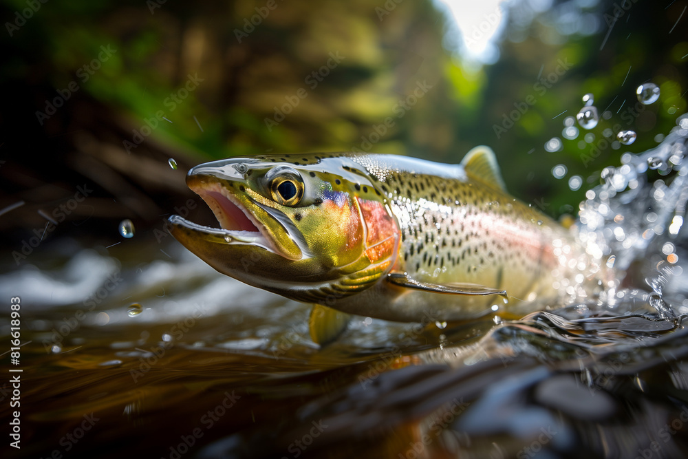 Rainbow trout jumping out of the water