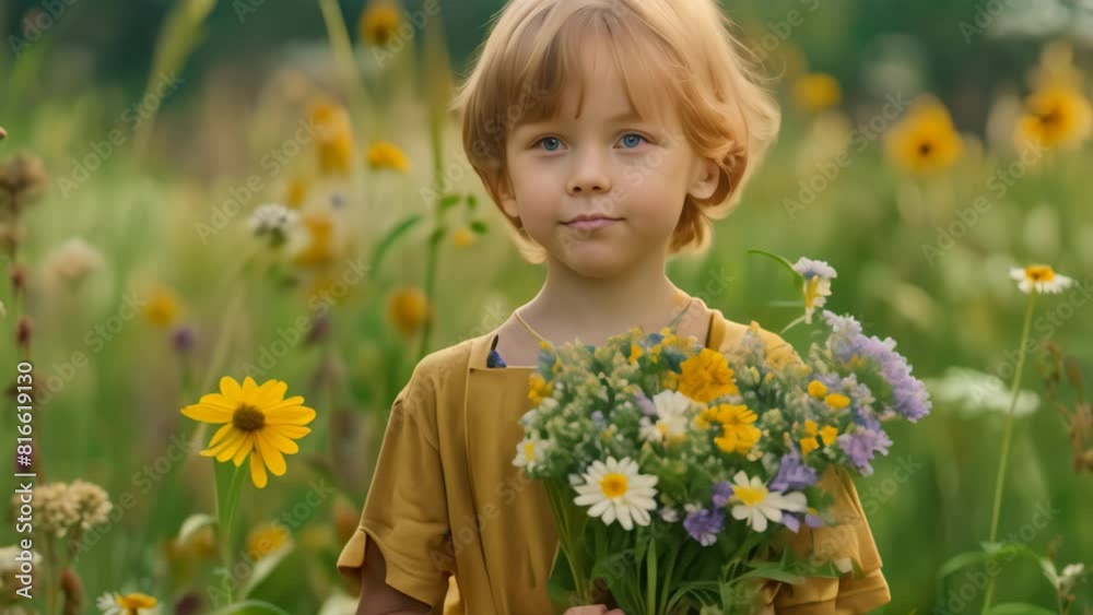 A young boy stands holding a bouquet of wildflowers, A boy holding a bouquet of wildflowers with a look of wonder A young boy stands holding a bouquet of wildflowers, A boy holding a bouquet of wildflowers with a look of wonder