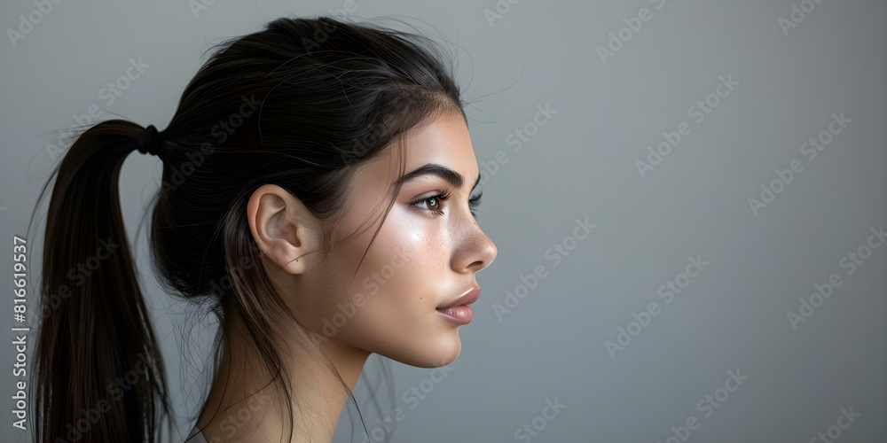Profile view of a modern woman with a beautiful ponytail hairstyle. Concept Hair Inspiration, Modern Hairstyles, Profile View, Ponytail Styles, Beauty Poses Profile view of a modern woman with a beautiful ponytail hairstyle. Concept Hair Inspiration, Modern Hairstyles, Profile View, Ponytail Styles, Beauty Poses
