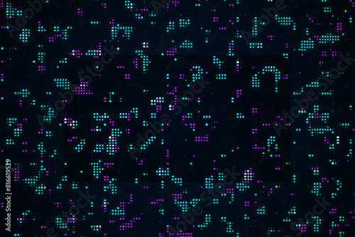 Neon digital background with glowing blue and purple pixels on a black 