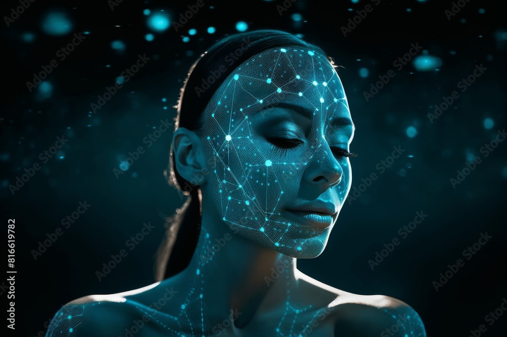 woman with constellations glowing on her face woman with constellations glowing on her face
