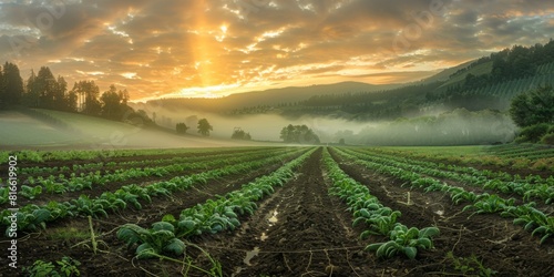 A panoramic view of an organic farm at sunrise, dew on freshly sprouted vegetables. photo