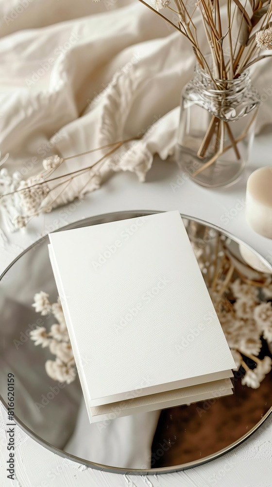 5x7 white card mockup on a round glass table 5x7 white card mockup on a round glass table