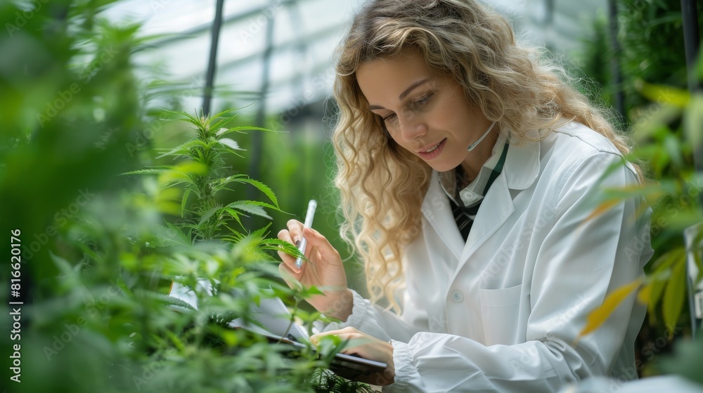 A researcher in a white lab coat taking notes while tending to a hemp plant, with a high-tech greenhouse and automated air systems behind her A researcher in a white lab coat taking notes while tending to a hemp plant, with a high-tech greenhouse and automated air systems behind her