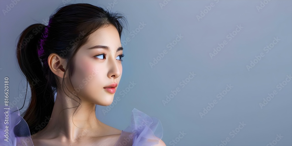Portrait of Japanese woman in ponytail and ballet dress against plain backdrop. Concept Japanese culture, Fashion photography, Ballet-themed photoshoot, Portrait mode, Neutral backdrop Portrait of Japanese woman in ponytail and ballet dress against plain backdrop. Concept Japanese culture, Fashion photography, Ballet-themed photoshoot, Portrait mode, Neutral backdrop