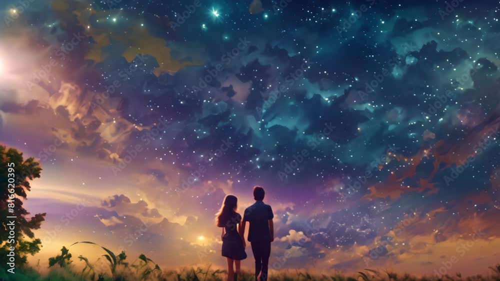 A man and a woman stand side by side under a sky filled with stars, A brother and sister sharing a secret under the stars A man and a woman stand side by side under a sky filled with stars, A brother and sister sharing a secret under the stars