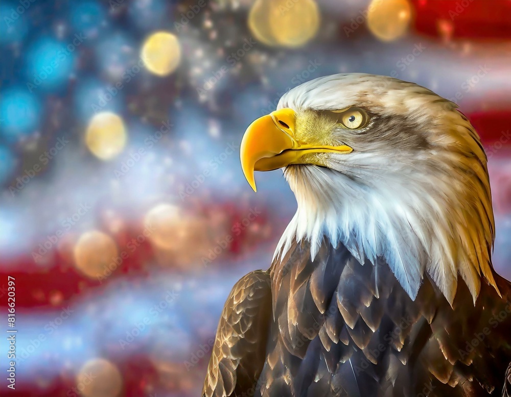 Obraz premium proud bald eagle with out of focus American flag behind and bokeh,poster design for 4th of July celebration or party
