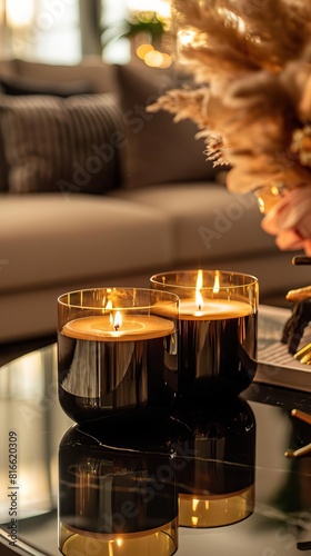 a 3wick cande in a shiny dark black cylinder glass in on a coffee table in a luxurious house