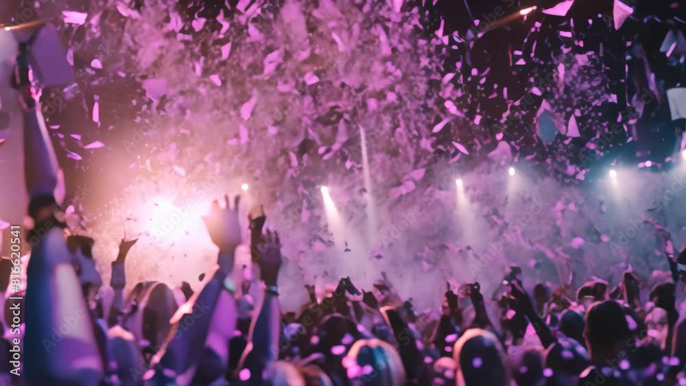 Crowd of people in high spirits at a concert, cheering and dancing as confetti falls around them, A burst of confetti rains down on the ecstatic audience, adding to the festive atmosphere Crowd of people in high spirits at a concert, cheering and dancing as confetti falls around them, A burst of confetti rains down on the ecstatic audience, adding to the festive atmosphere