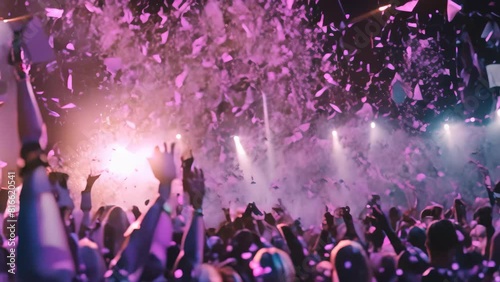 Crowd of people in high spirits at a concert, cheering and dancing as confetti falls around them, A burst of confetti rains down on the ecstatic audience, adding to the festive atmosphere