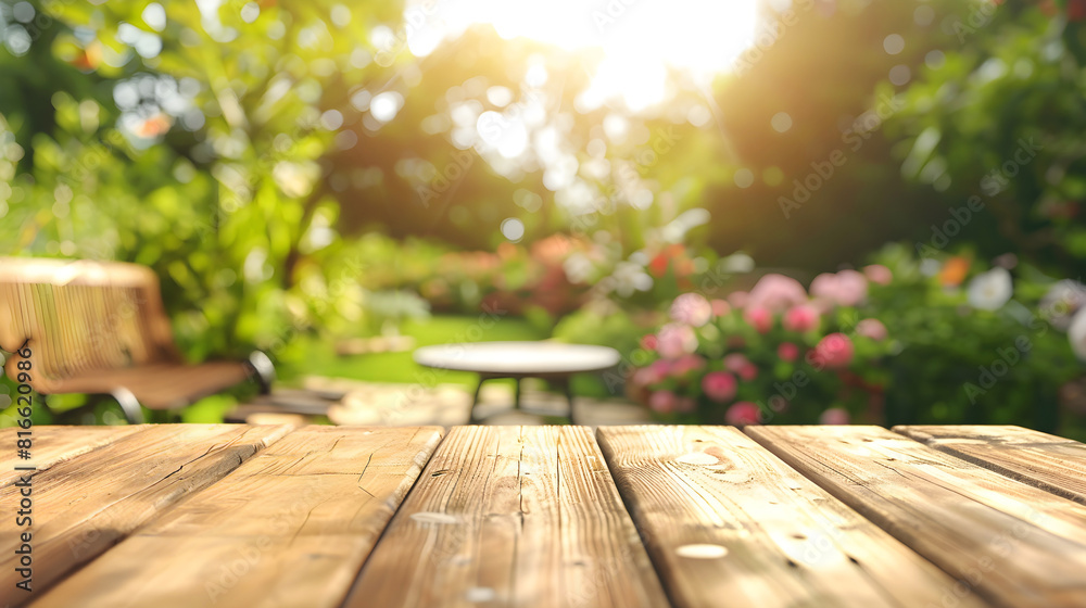 An empty wooden table set against a backdrop of a warm summer garden and patio in the backyard, surrounded by trees and colorful flowers. product presentations related to summer, vacations.