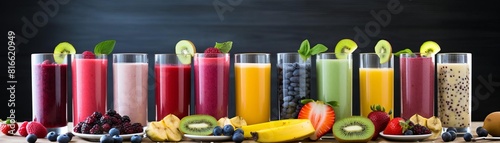 Glasses of fresh fruit and vegetable juices in a variety of colors