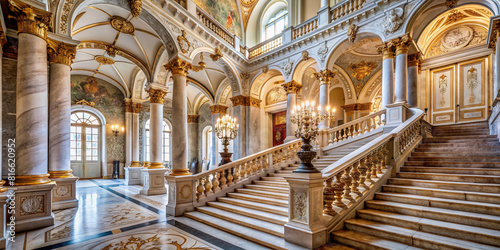 An opulent staircase in a royal palace  featuring marble columns and intricate stucco work.