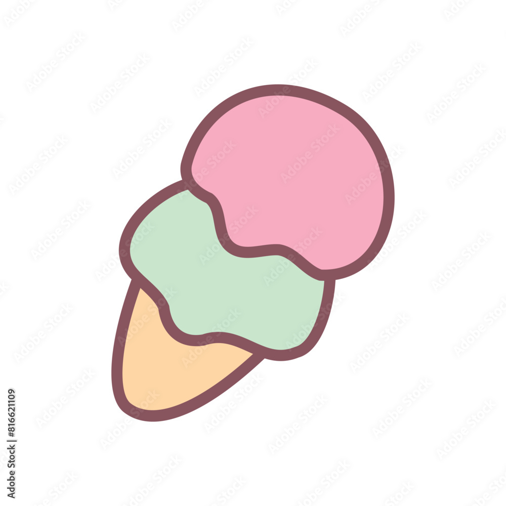 Cute ice-cream icon. Hand drawn illustration of a waffle cone with pink and green ice cream isolated on a white background. Kawaii sticker. Vector 10 EPS.