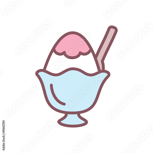 Cute kakigori icon. Hand drawn illustration of a japanese frozen dessert isolated on a white background. Kawaii sticker. Vector 10 EPS.
