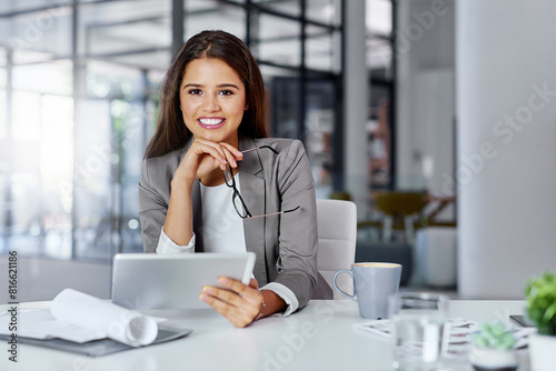 Portrait, business and woman with tablet, employee and smile with career ambition, startup and real estate agent. Face, person or professional with tech, email or digital app with property feedback