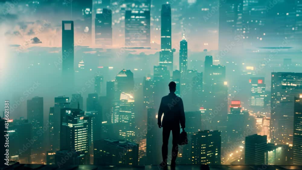 A man in business attire, holding a briefcase, standing against a city skyline backdrop at night, A businessman holding a briefcase, with a city skyline in the background A man in business attire, holding a briefcase, standing against a city skyline backdrop at night, A businessman holding a briefcase, with a city skyline in the background