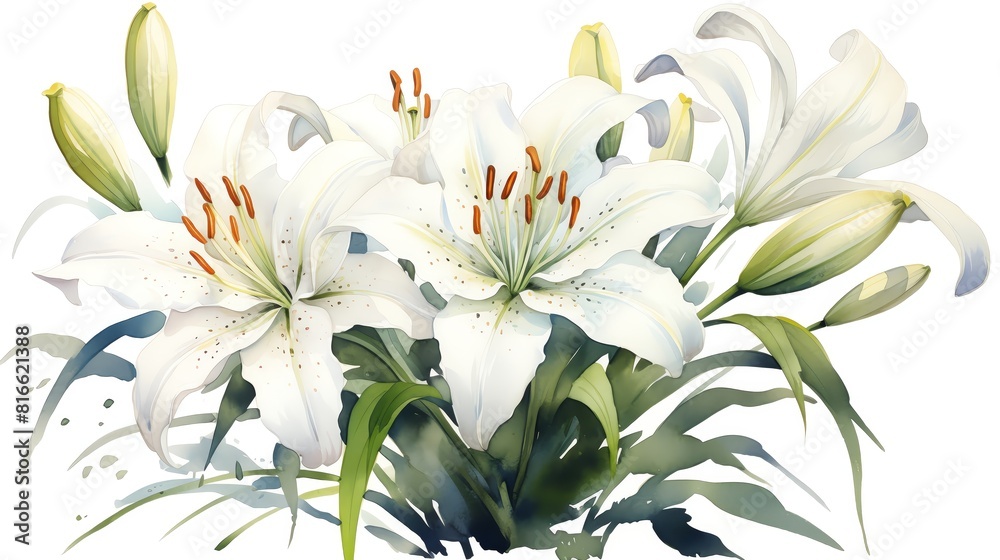A watercolor painting of white lilies.