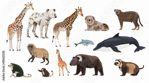 Illustration of a variety of mammals displayed on a pristine white backdrop. Featured are mammal species such as a Tiger  Giraffe  Koala  Whale  Hedgehog  and Chimpanzee. 