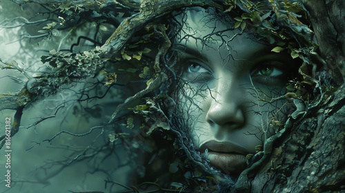 Closeup portrait of a beautiful face of young girs emerging from a tree trunk. Harmony girl and tree concept.
