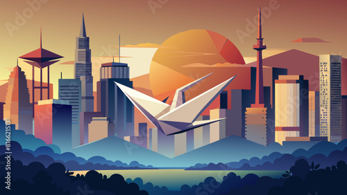 Majestic Origami Crane Overlooking Urban Sunset Skyline