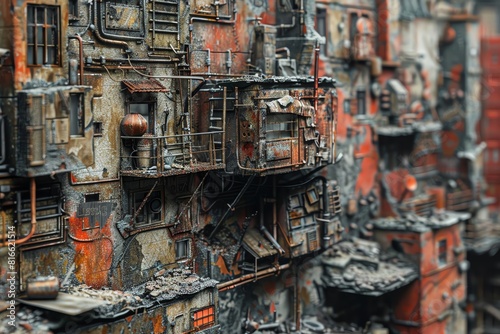 An apocalyptic city wall with improvised weaponry and barricades made from scrap materials