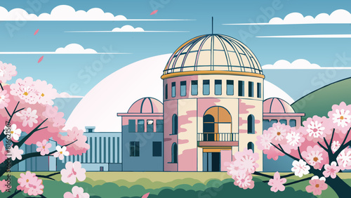 Cherry Blossoms Bloom by Classical Dome Building at Sunset