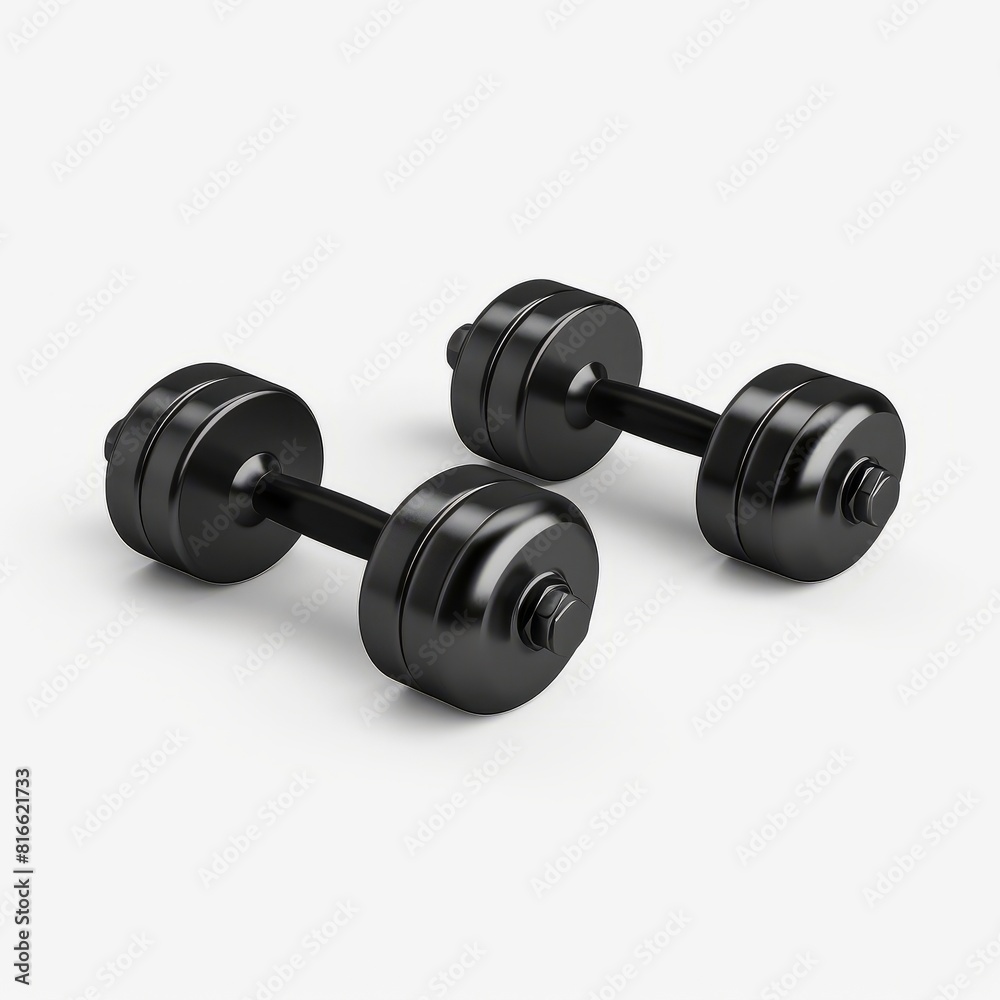 Two black dumbbells placed on a plain white background Two black dumbbells placed on a plain white background