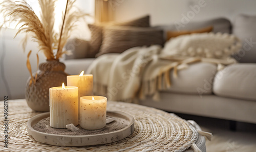 Modern boho style cozy living room interior design apartment with elegant decorations in neutral colors. Candles  sofa  pillows and table.