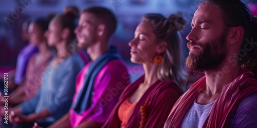 Men and women participate in group breathwork meditation at a yoga studio. Concept Breathwork Meditation, Yoga Studio, Group Session, Mindfulness Practice, Wellness Community