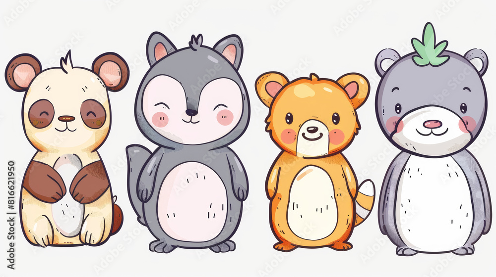 Naklejka premium Funny cartoon animals with white background. simple draw style