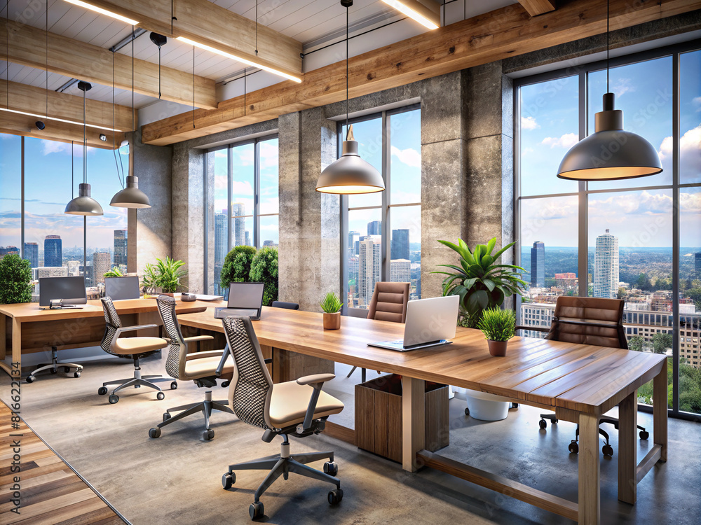 An urban coworking space featuring natural wood elements, exposed concrete walls, and a panoramic window showcasing a bustling city scene.