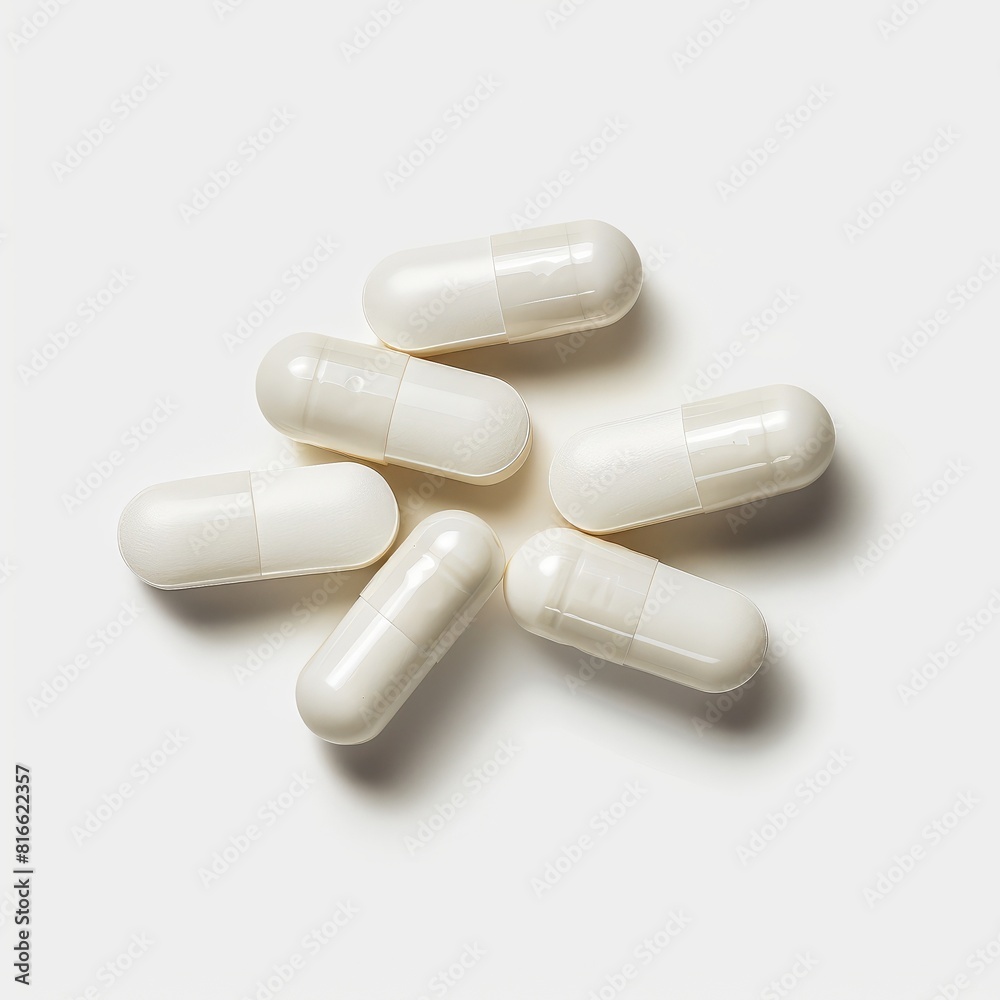 Collection of various white pills scattered on a white table surface Collection of various white pills scattered on a white table surface